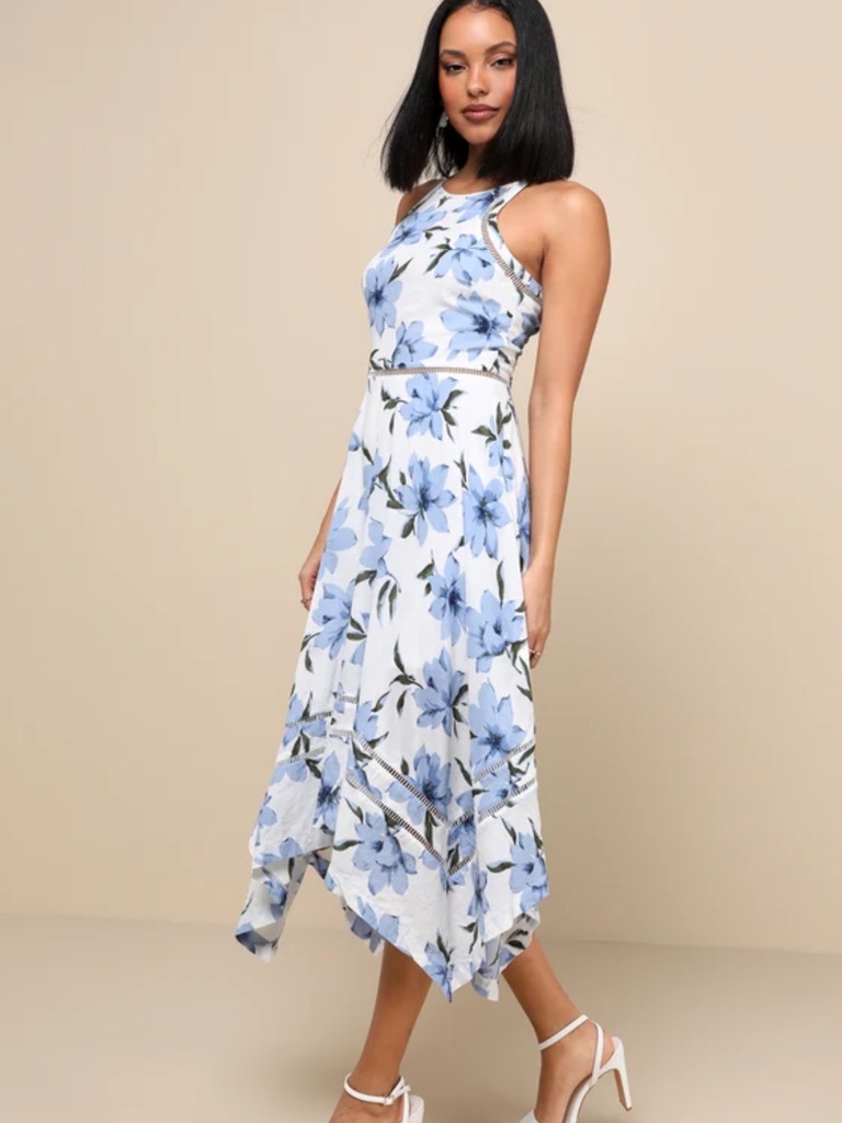 Lulus Zahara Blue And White Floral Halter Midi Dress